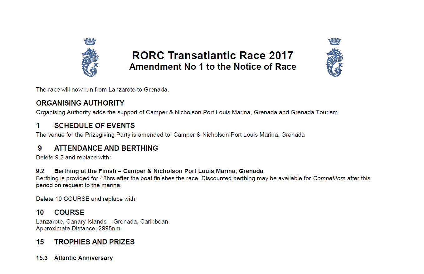 RORC Transatlantic Race 2017 Amendment No.1. to the Notice of Race