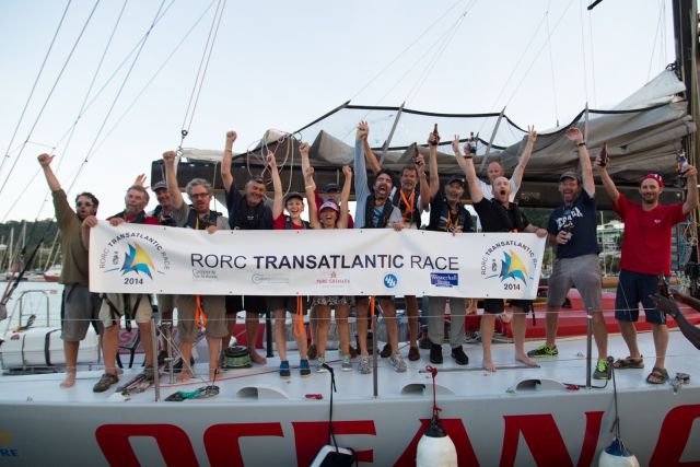 The crew celebrate their achievement at the finish of the race in Grenada. Credit: RORC/Arthur Daniel and Orlando K Romain 