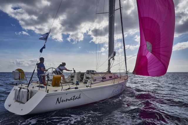 Elin Haf Davies and Chris Frost on board J120 Nunatak at the start of the RORC Transatlantic Race 2015 off Lanzarote © RORC/James Mitchell