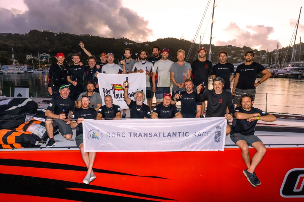 Comanche crew celebrate setting a new race record in the 2022 RORC Transatlantic Race after completing the race to Grenada in record time: 7d 22hrs 1min 4secs ©? Arthur Daniel/RORC