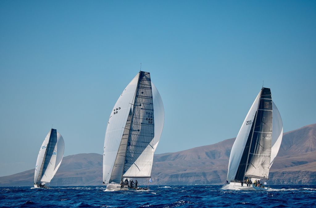 Botin 56 Black Pearl (GER), helmed by Stefan Jentzsch, is still leading on the water, and looks to have made a big gain on their close rivals Max Klink’s Botin 52 Caro (CH) and David Collins’ Botin 52 Tala (GBR) © James Mitchell/RORC