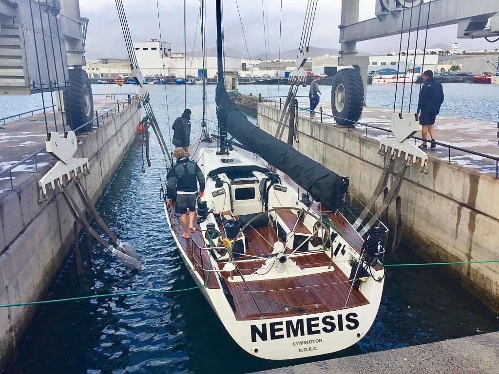James Heald's Swan 45, Nemesis is lifted for a clean and a final check before departure