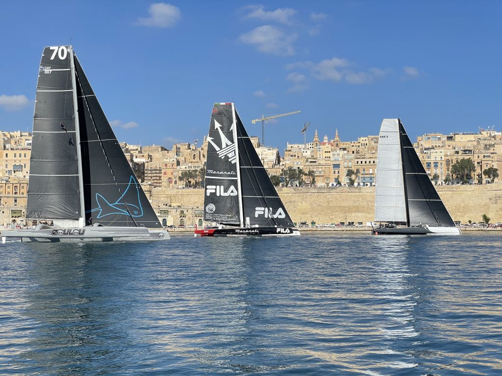 Three record-breaking multihulls will once again lock horns in the RORC Transatlantic Race: (Left) Erik Maris' MOD70 Zoulou (FRA), (Centre) Giovanni Soldini’s Multi70 Maserati (ITA) and Frank Slootman's Snowflake (USA) © Thomas Joffrin (Not shown - start of the Rolex Middle Sea Race)