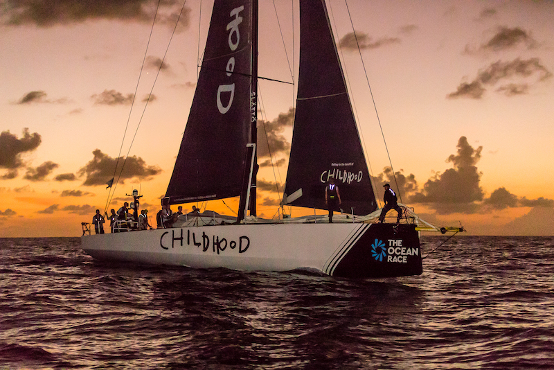 Swedish VO65 Childhood 1 crossing the finish line in the 2019 RORC Transatlantic Race. Photo © RORC / Arthur Daniel