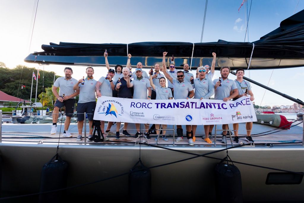 Wally 100 Dark Shadow celebrate their arrival at Camper & Nicholsons Port Louis Marina, Grenada - Photo © RORC / Arthur Daniel