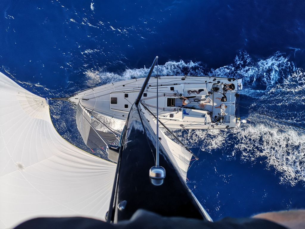 Atop of the mast - bluewater racing on board Pata Negra where the crew are enjoying blasting through the Atlantic swell © Pata Negra