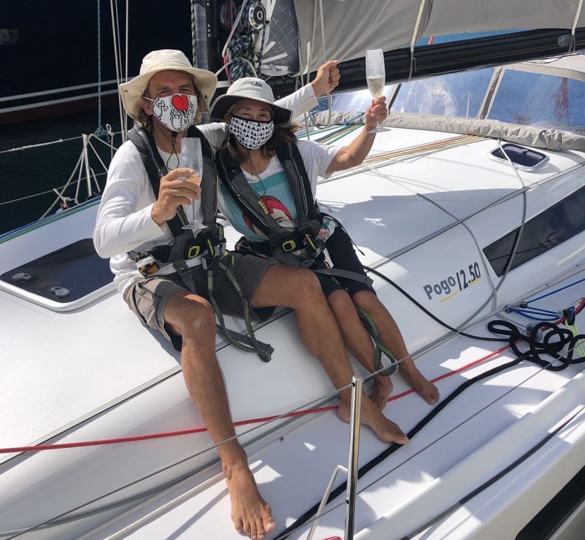 Tim & Mayumi Knight at the finish of the 2021 RORC Transatlantic Race in Antigua