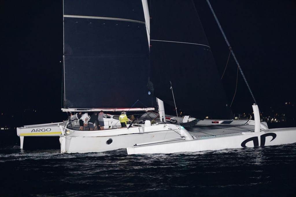 MOD70 Argo (USA) cross the finish line in Grenada - "It was incredible that we were all together for an amazing finish,” commented Jason Carroll. “It was phenomenal." © Arthur Daniel/RORC