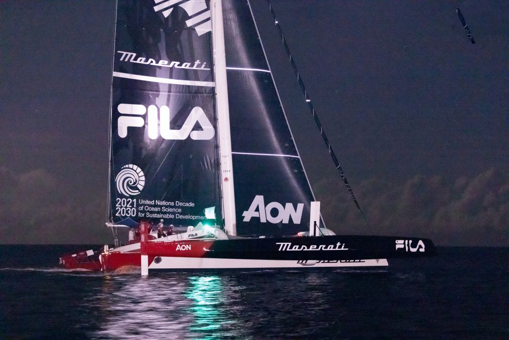 Victory for Giovanni Soldini's Multi70 Maserati after completing the 2022 RORC Transatlantic Race off Camper & Nicholsons Port Louis Marina in Grenada in the early hours of Saturday 15 January © Arthur Daniel/RORC