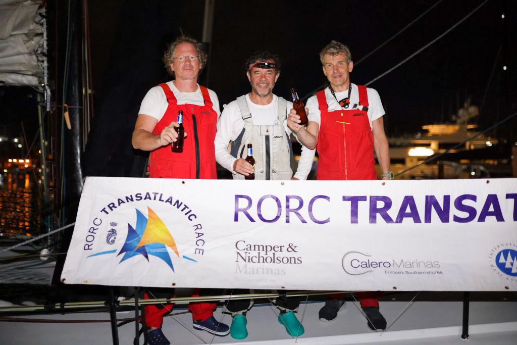 Richard Tolkien’s Open 60 Rosalba (GBR) finished the race in an elapsed time of 13 days 21 hrs 5 ins 37 secs. Rosalba was racing with just three crew, Richard Tolkien (far right), Frank Sturm and Neil Brewer © Arthur Daniel/RORC