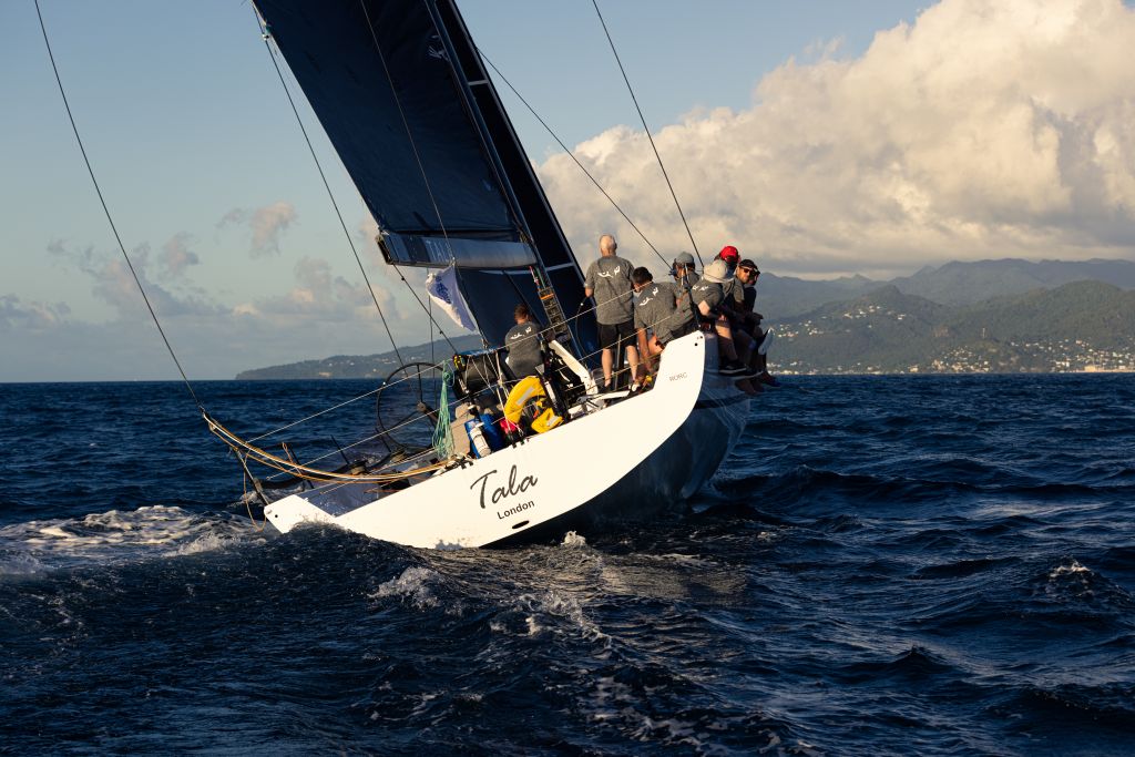 Tala crossed the finish line in Grenada after the closest battle in the eight-year history of the race came to a dramatic conclusion, with Max Klink's Botin 52 Caro (CH) just one hour behind on the water © Arthur Daniel/RORC