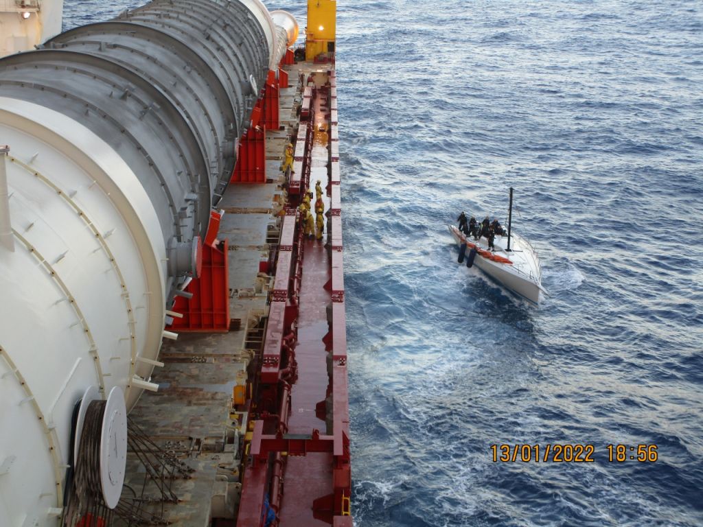 After requesting assistance, Black Pearl was met by m/v Happy Sky, collecting fuel to motor to El Hierro from where they motor sailed back to Marina Lanzarote © m/v Happy Sky