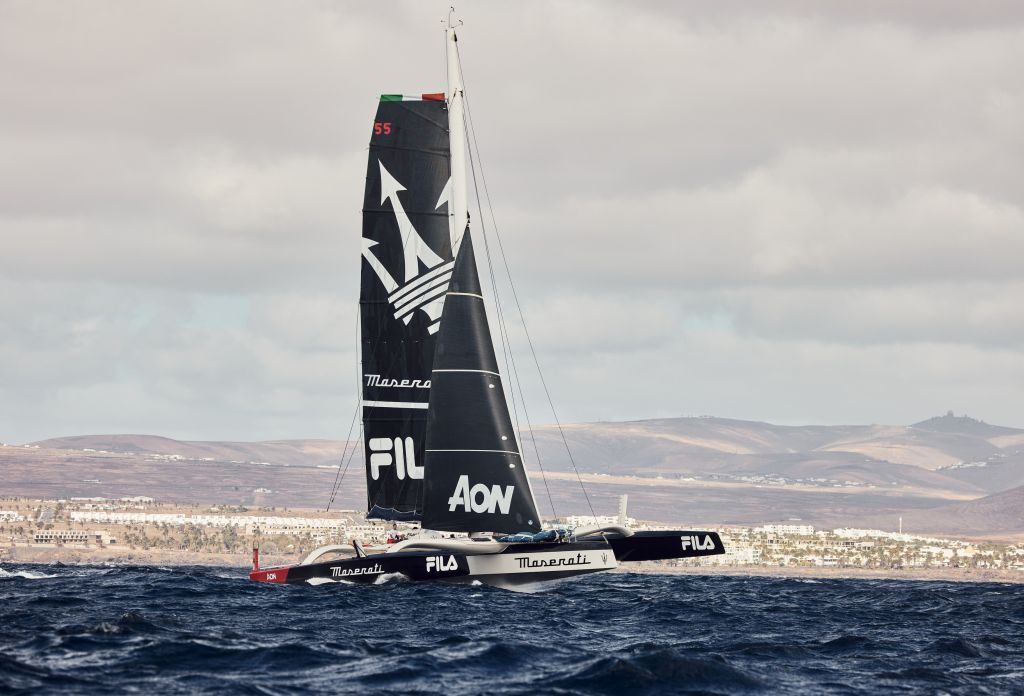 Giovanni Soldini's Multi70 Maserati crosses the finish line in Grenada first! © James Mitchell/RORC