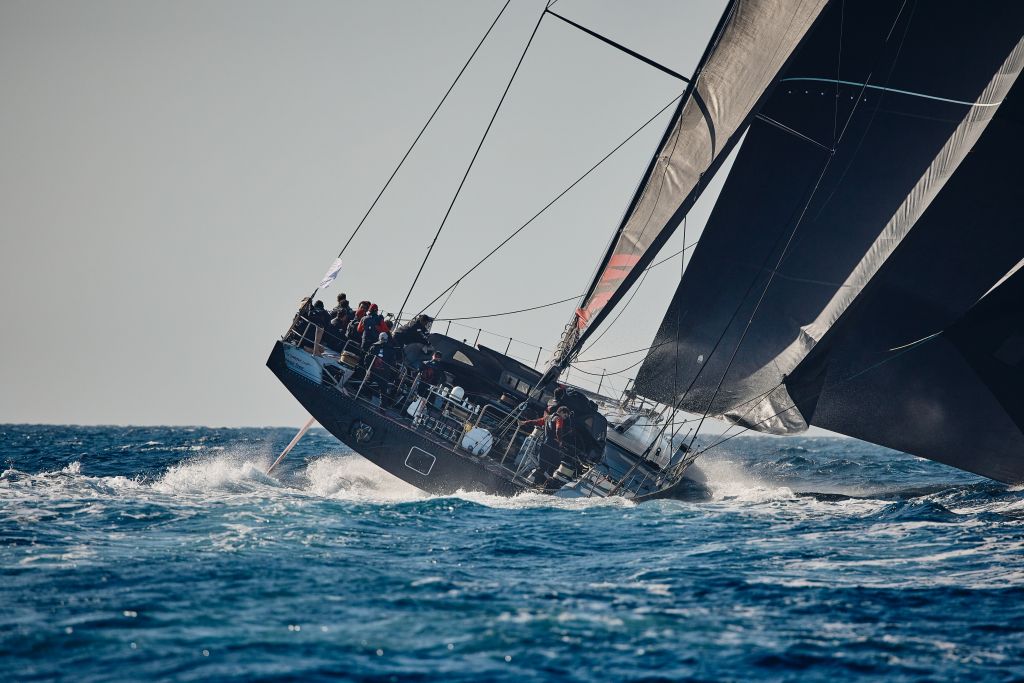 A spectacular sight at the start of the 8th RORC Transatlantic Race - the 100ft canting keel Maxi Comanche, skippered by Mitch Booth © ROR/James Mitchell