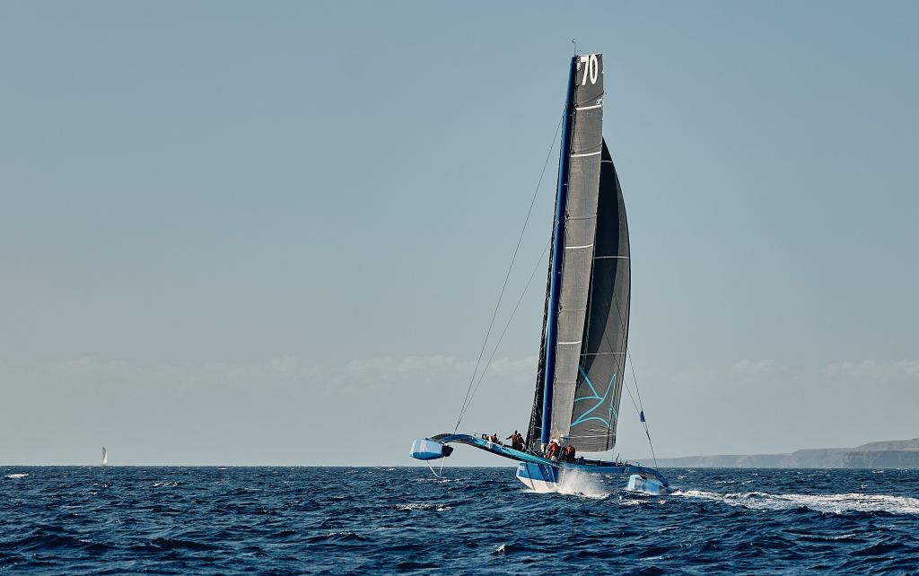 PowerPlay continues to lead the race on the water, over 50 miles ahead of Jason Carroll’s MOD70 Argo (USA) and Giovanni Soldini’s Multi70 Maserati (ITA) © James Mitchell/RORC